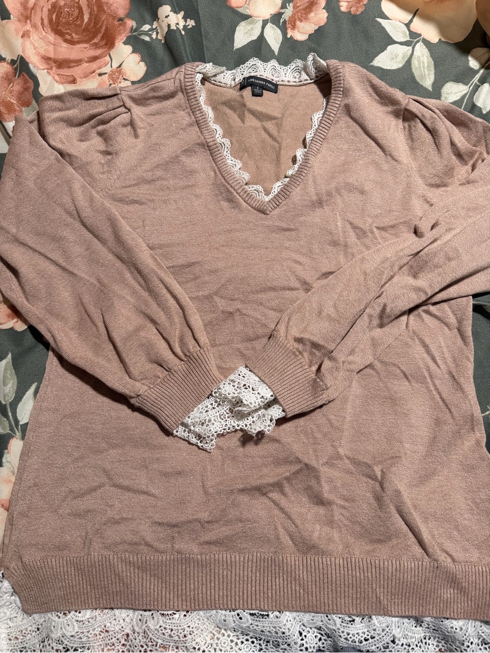 Adrianna Papell Lace-Trim V-Neck Sweater in Dusty Rose